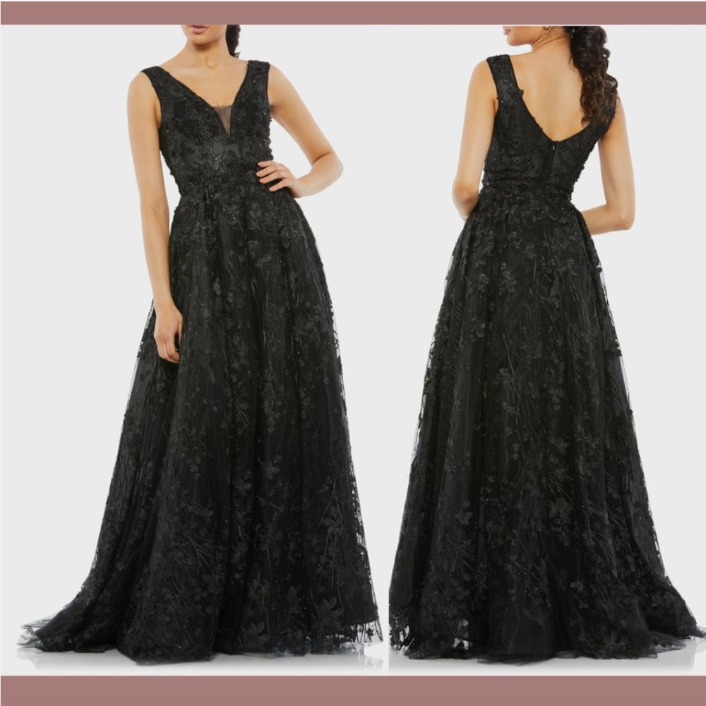 NEW $798 Mac Duggal [ 4 ] Floral Embroidered V-Neck Beaded Tulle Ball Gown #Q505